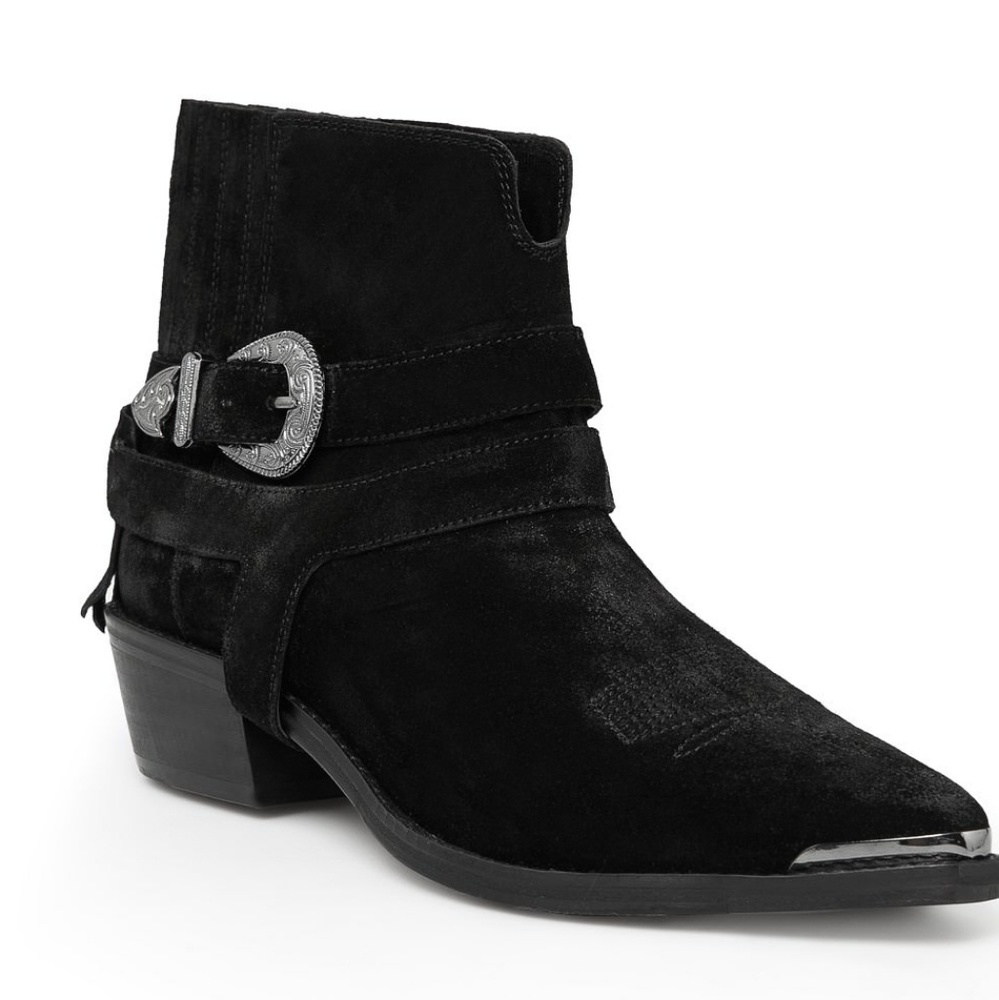 MANGO Black Suede Cowboy Ankle Boots w/ Buckle
